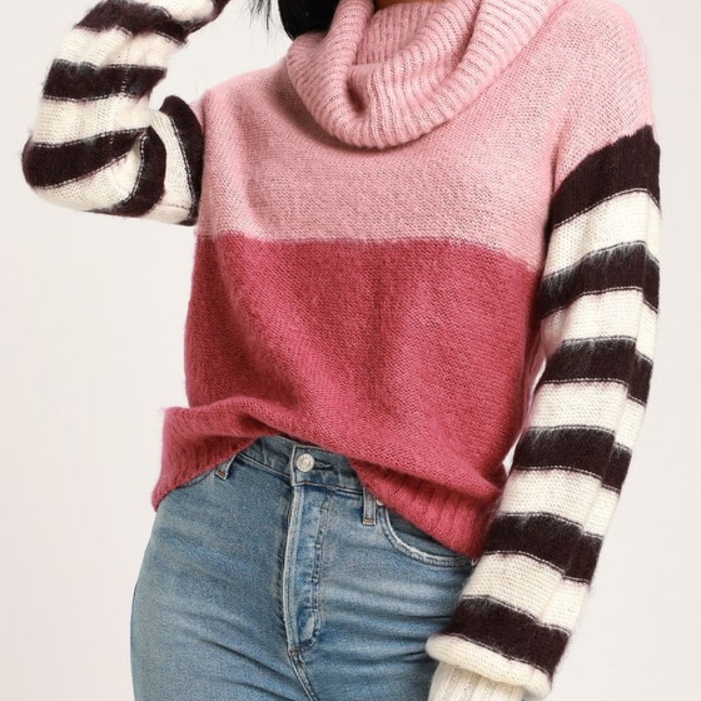 LOST INK Pink Multi Stripe Cowl Neck Sweater SMALL